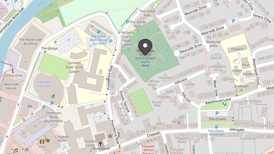 Map of Providence Row, Durham, with a pin marking the church