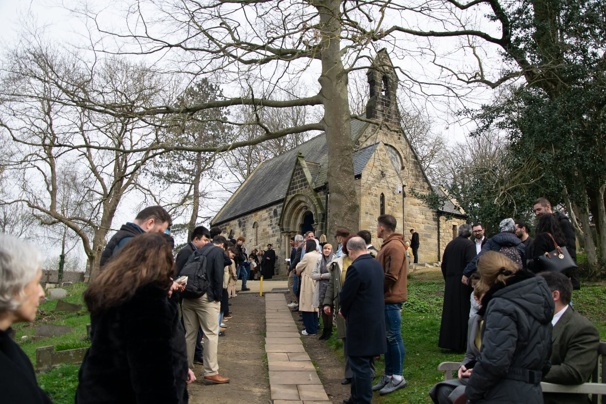 Parishioners outside the church after the Liturgy