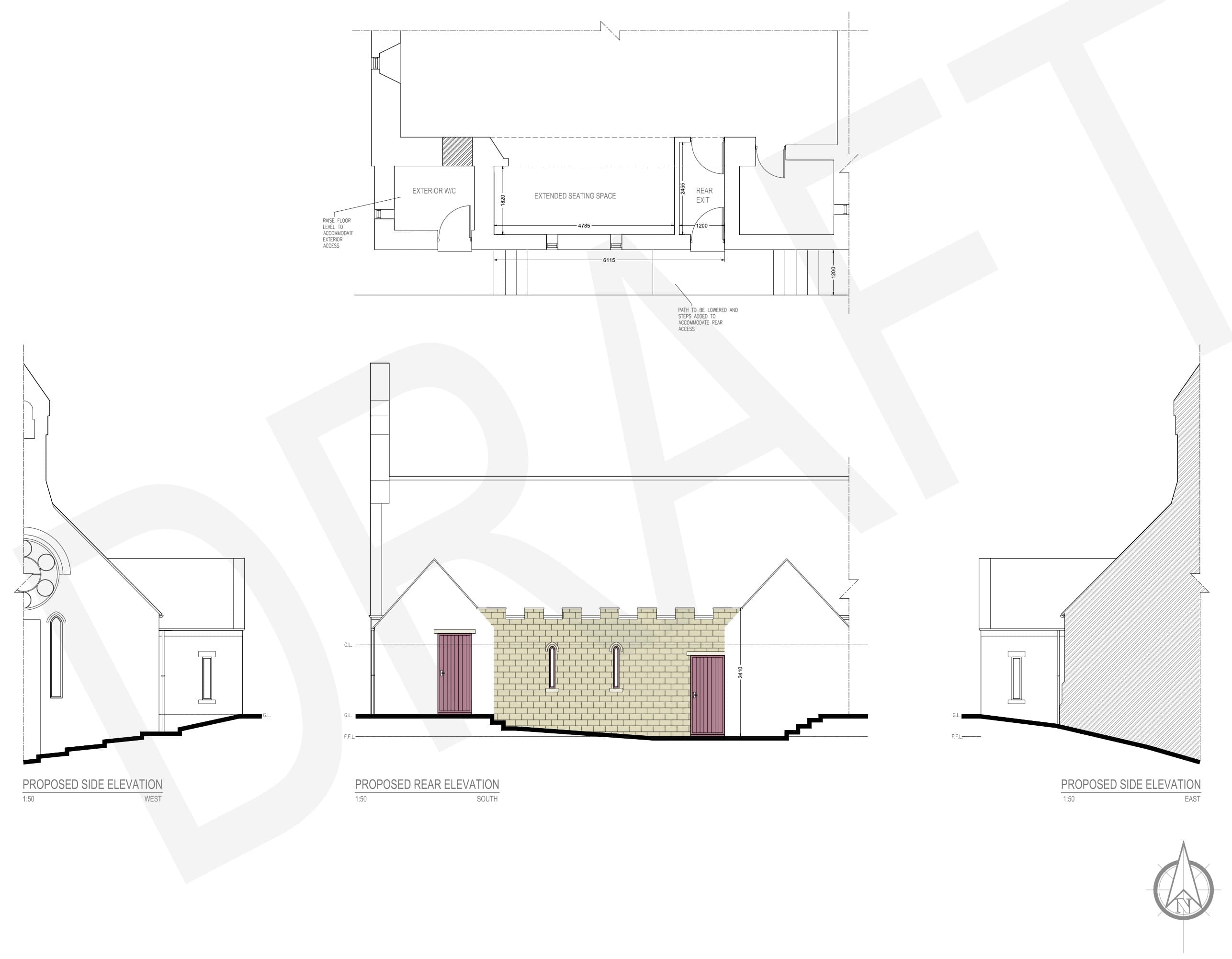 Proposed elevations and floor plan for the Phase 3 rear extension, including an extended seating space, exterior WC, and rear exit